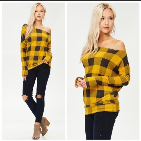 Kali Tops - *LAST ONE!*Plaid sweater top with cold shoulder